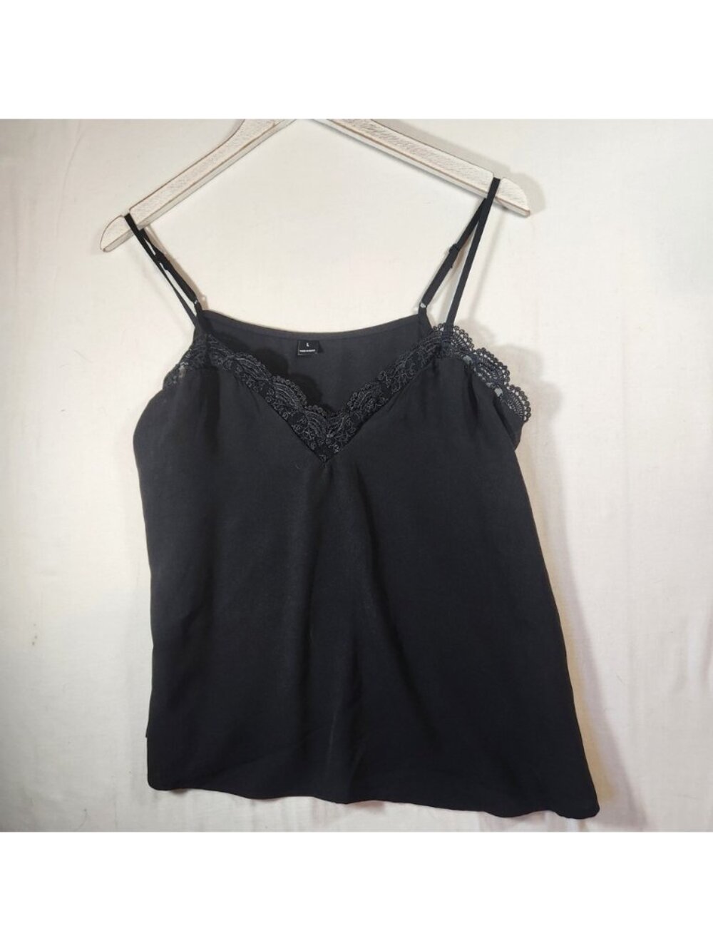 Black Lace Trim V-Neck Camisole Adjustable Spaghetti Strap Tank Top L